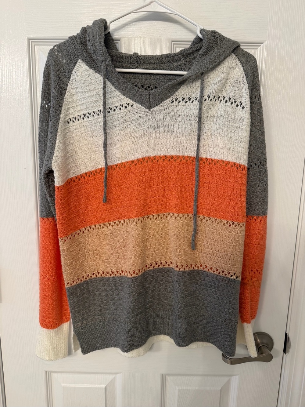 Striped Hooded Knit Pullover - Gray, Orange, Cream, Tan